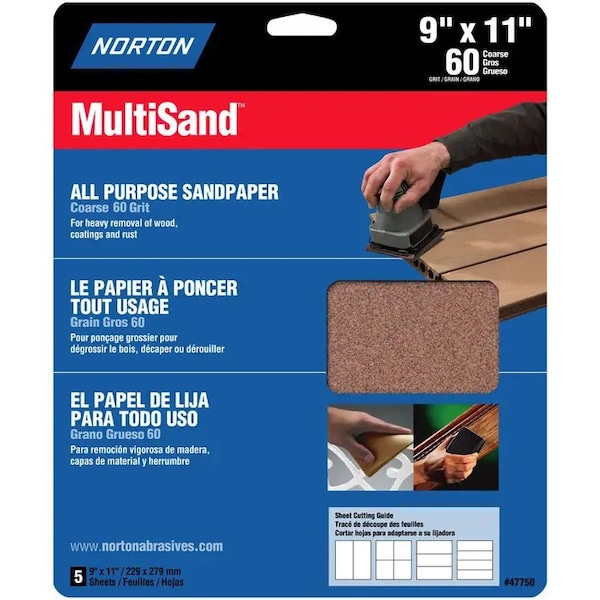 Norton Co 9" x 11" MultiSand All Purpose Sanding Sheet 60-Grit, PK 5 47750 - main
